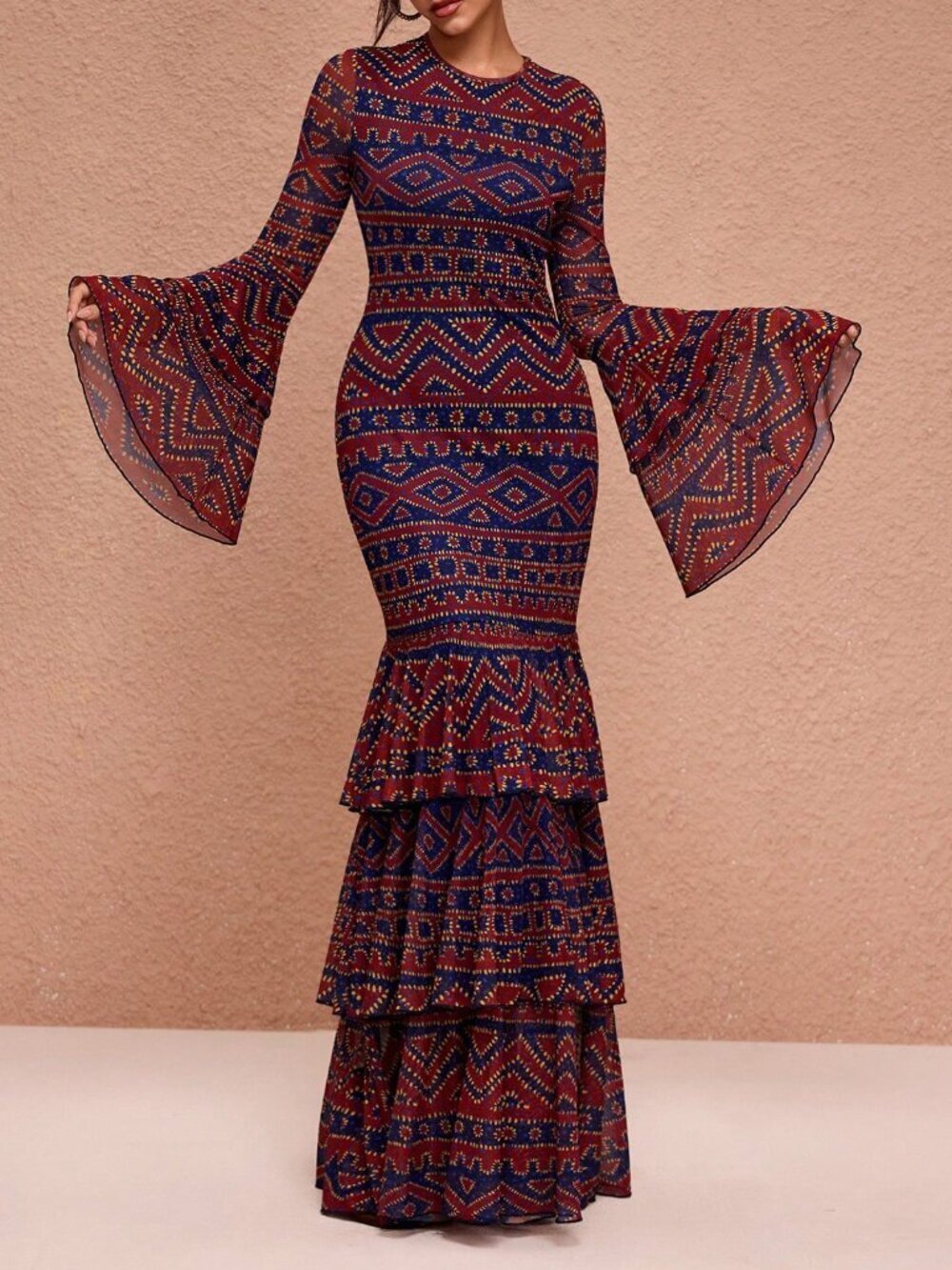 Multicolor Elegant Women's Boho Mesh Maxi Dress with Tiered Flared Sleeves - Picture 6 of 7